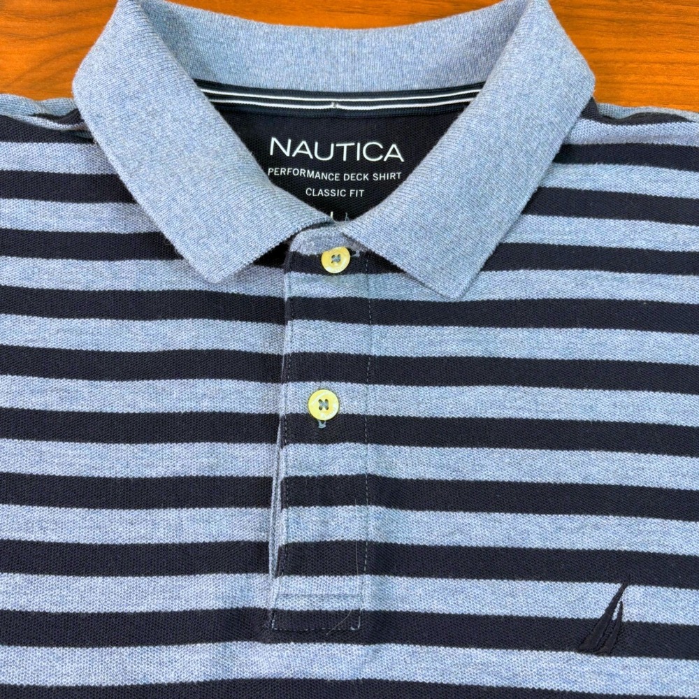 Nautica Mens Performance Deck Shirt‎ Striped Polo Navy Light Blue Classic Fit L